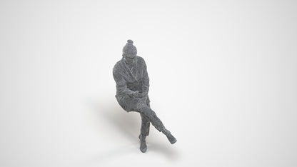 3D human model woman business sitting, photogrammetry scanned person for archviz, wireframe three-quarter view