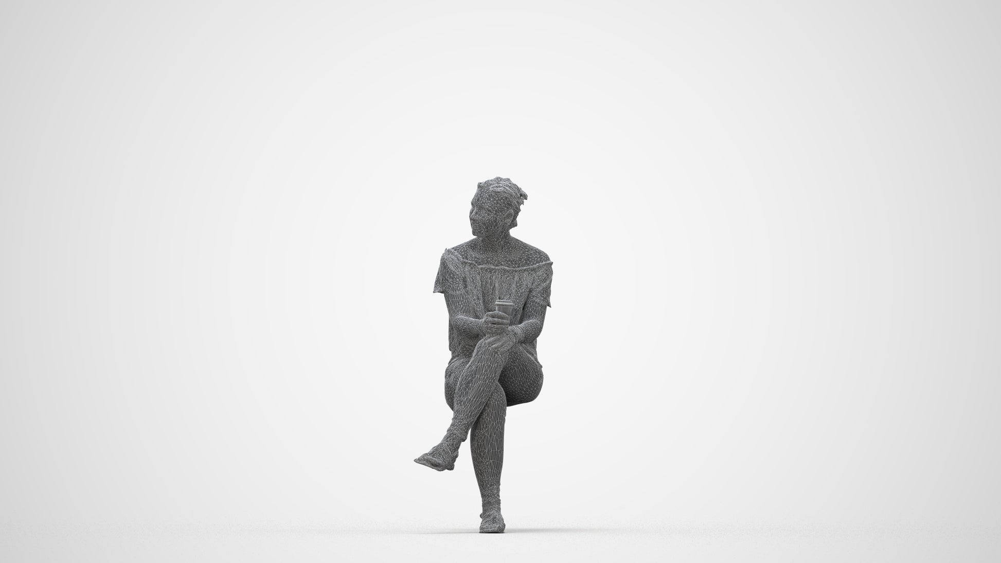 3D people model woman casual sitting, scanned human for 3ds Max rendering, wireframe back view