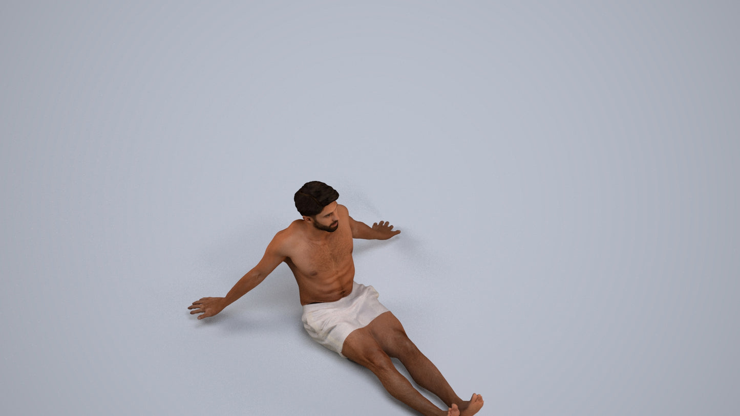 3D human model man pool, photogrammetry scanned person for archviz, back view render