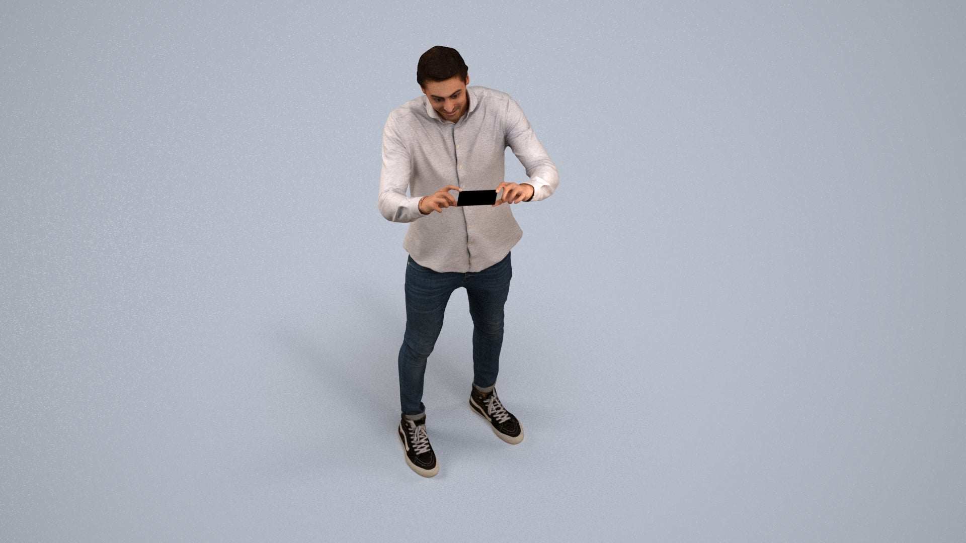 3D human model man casual standing, photogrammetry scanned person for archviz, back view render