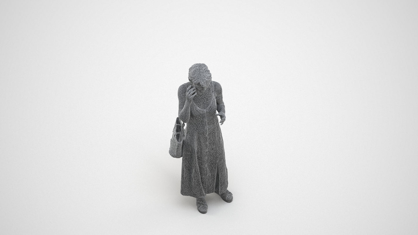 realistic 3D human senior woman standing, archviz people FBX OBJ for Blender, wireframe three-quarter view
