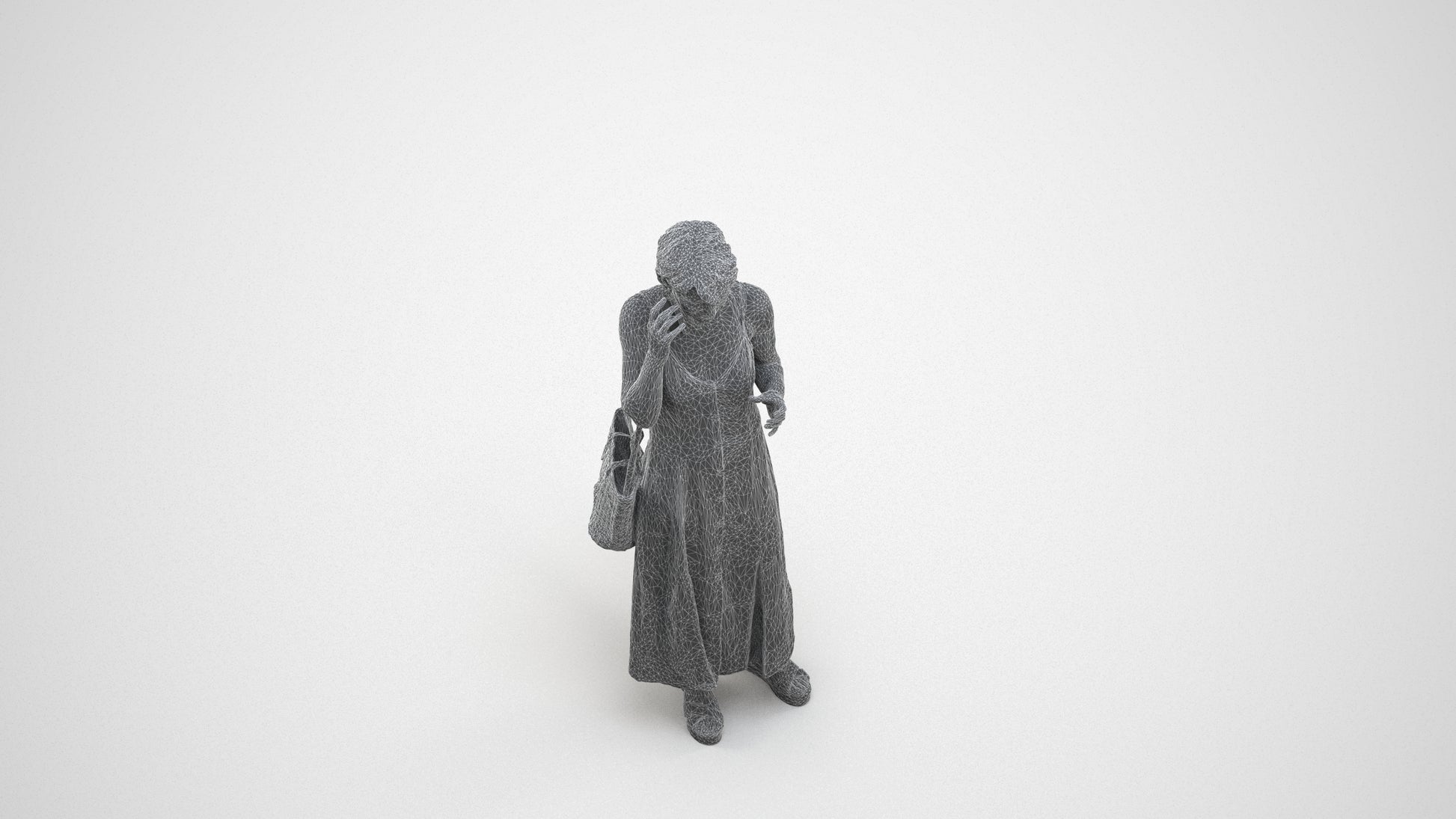 realistic 3D human senior woman standing, archviz people FBX OBJ for Blender, wireframe three-quarter view