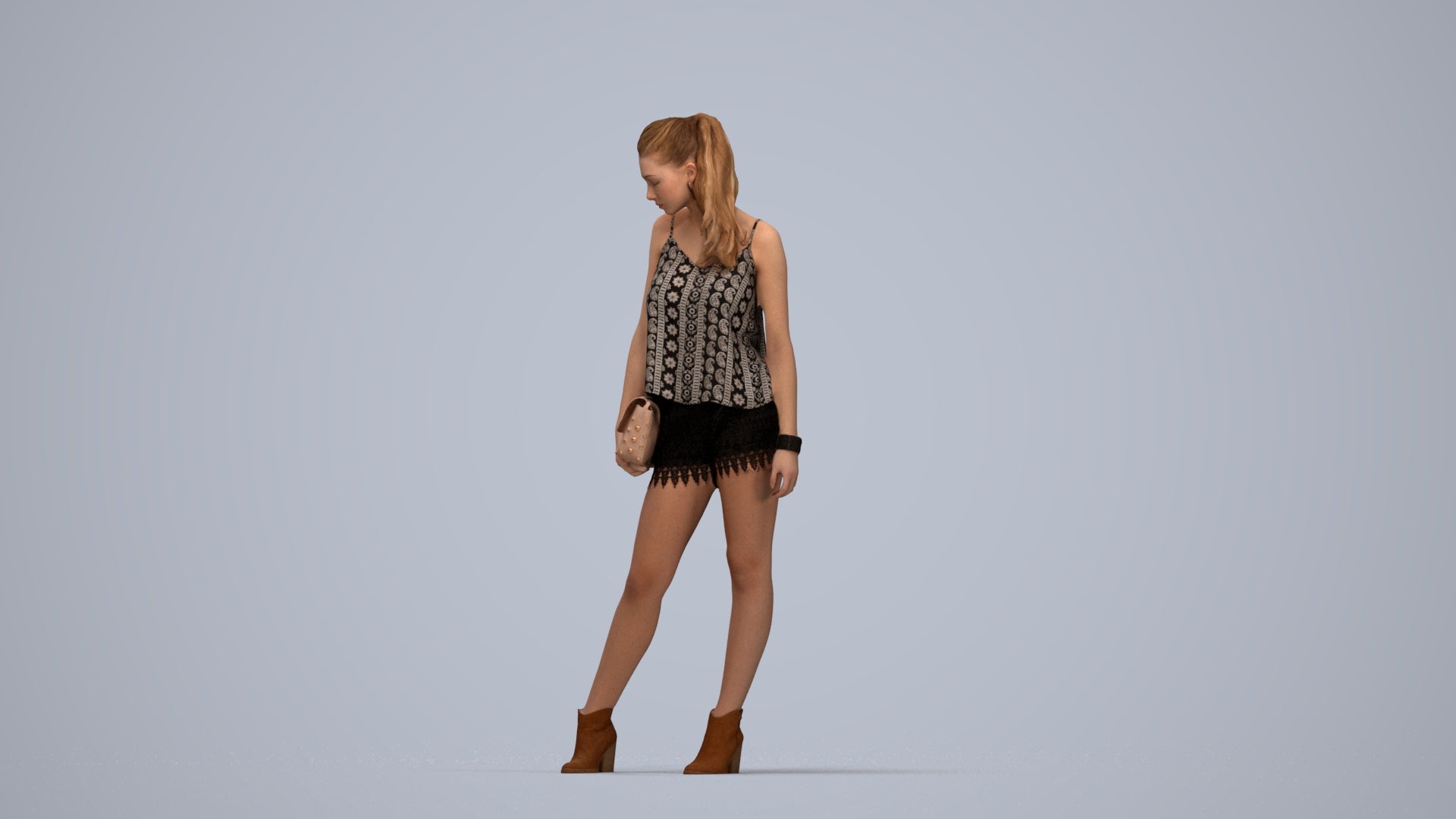 3D people model girl casual standing, scanned human for 3ds Max rendering, top-down view render