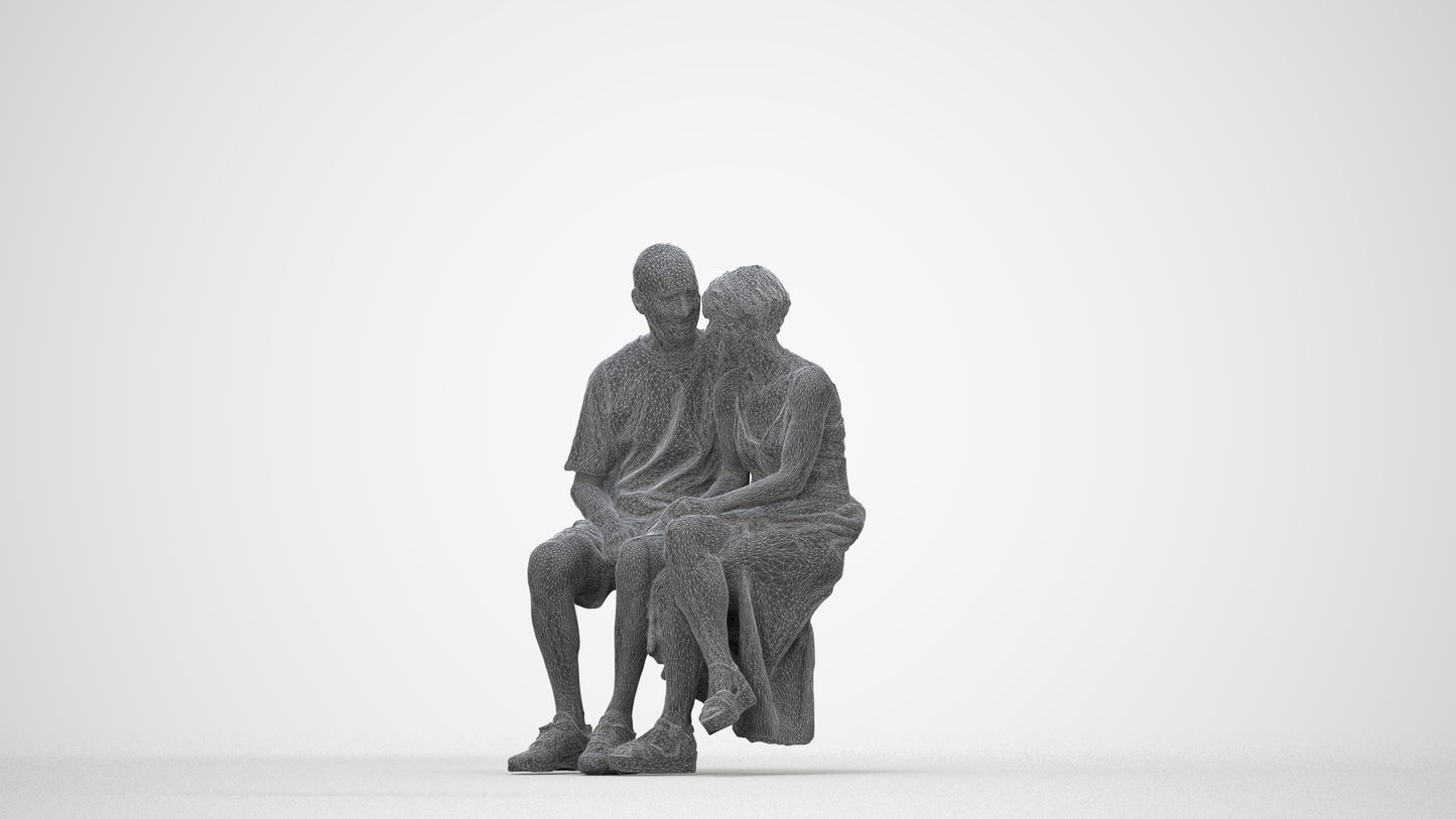 realistic 3D senior woman couple, scanned archviz people for Blender and 3ds Max, wireframe back view