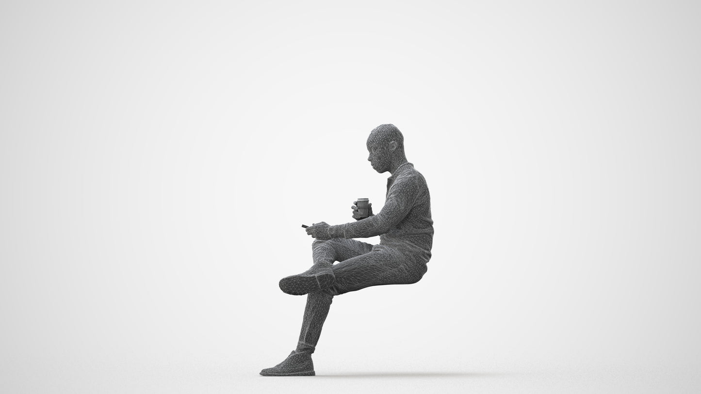 realistic 3D man casual sitting, scanned archviz people for Blender and 3ds Max, square thumbnail