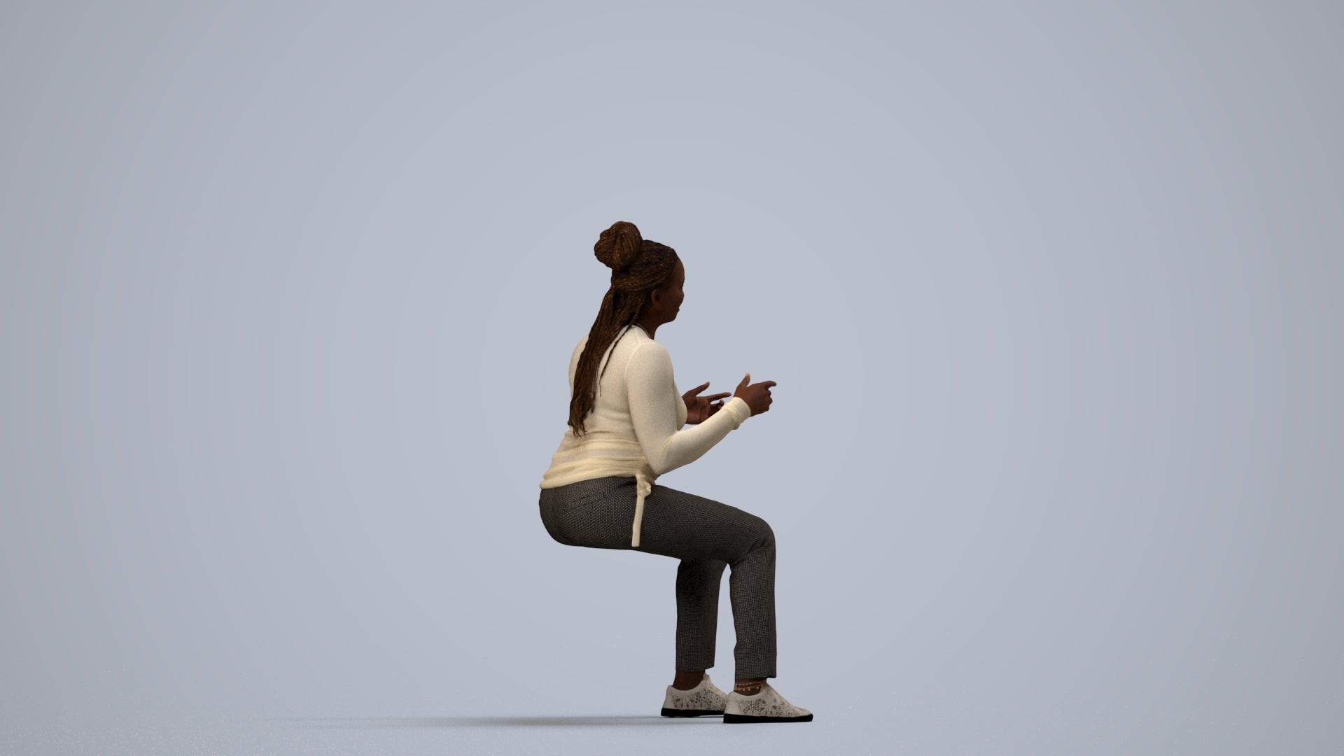 3D human model woman casual sitting, photogrammetry scanned person for archviz, side view render