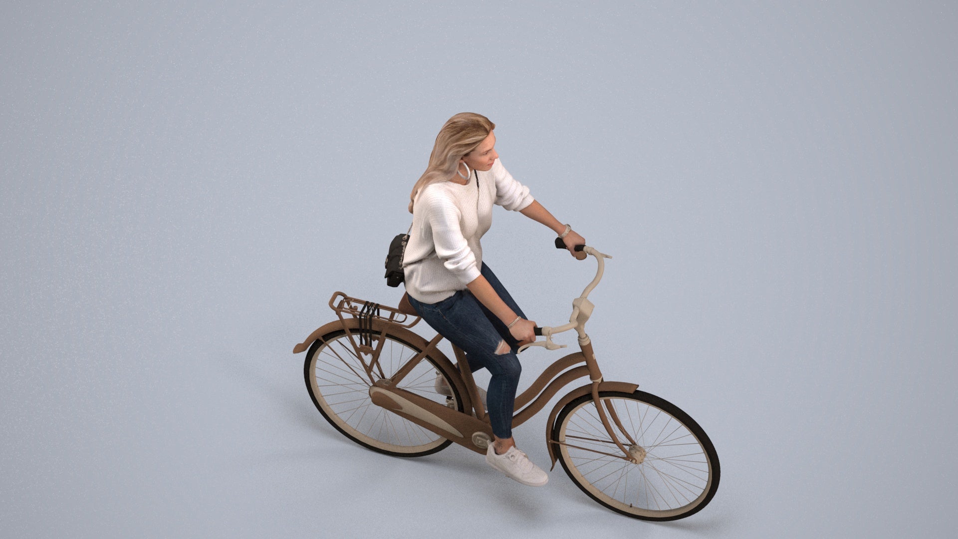 realistic 3D woman casual cycling, scanned archviz people for Blender and 3ds Max, back view render