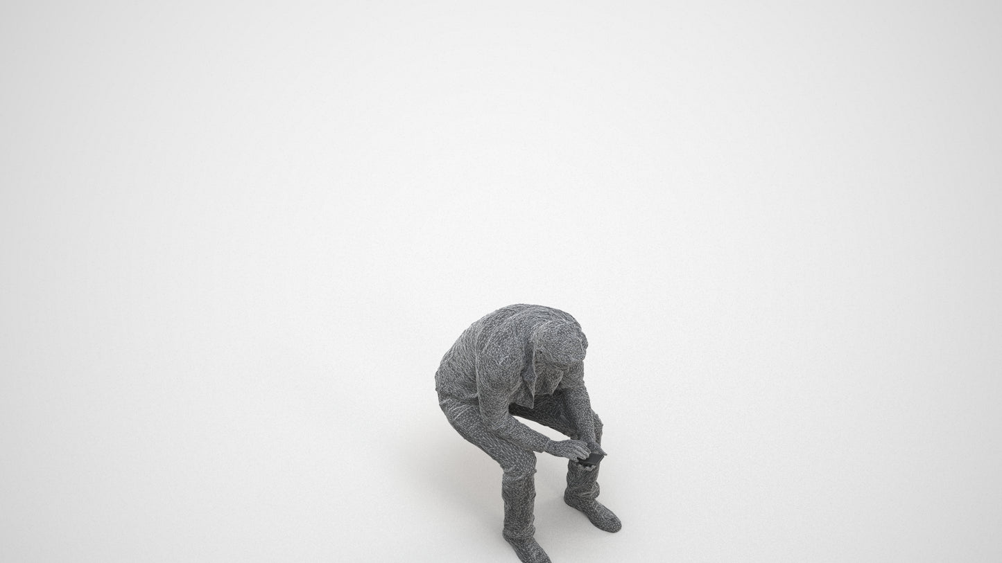 realistic 3D human man casual sitting, archviz people FBX OBJ for Blender, wireframe three-quarter view