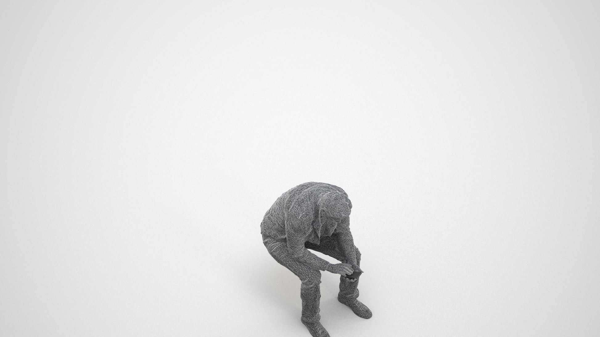 realistic 3D human man casual sitting, archviz people FBX OBJ for Blender, wireframe three-quarter view