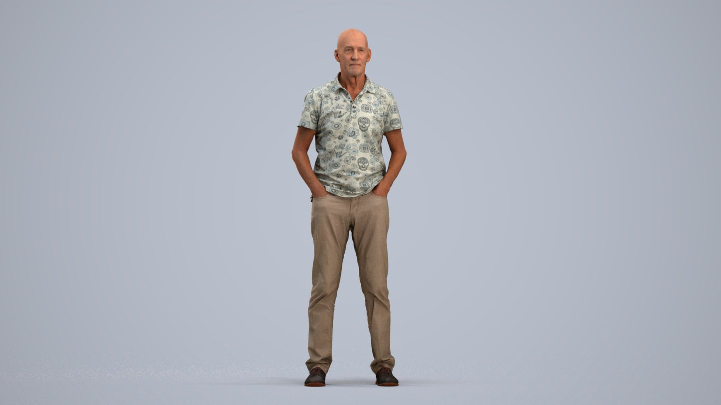3D human model senior man casual standing, photogrammetry scanned person for archviz, standing pose render
