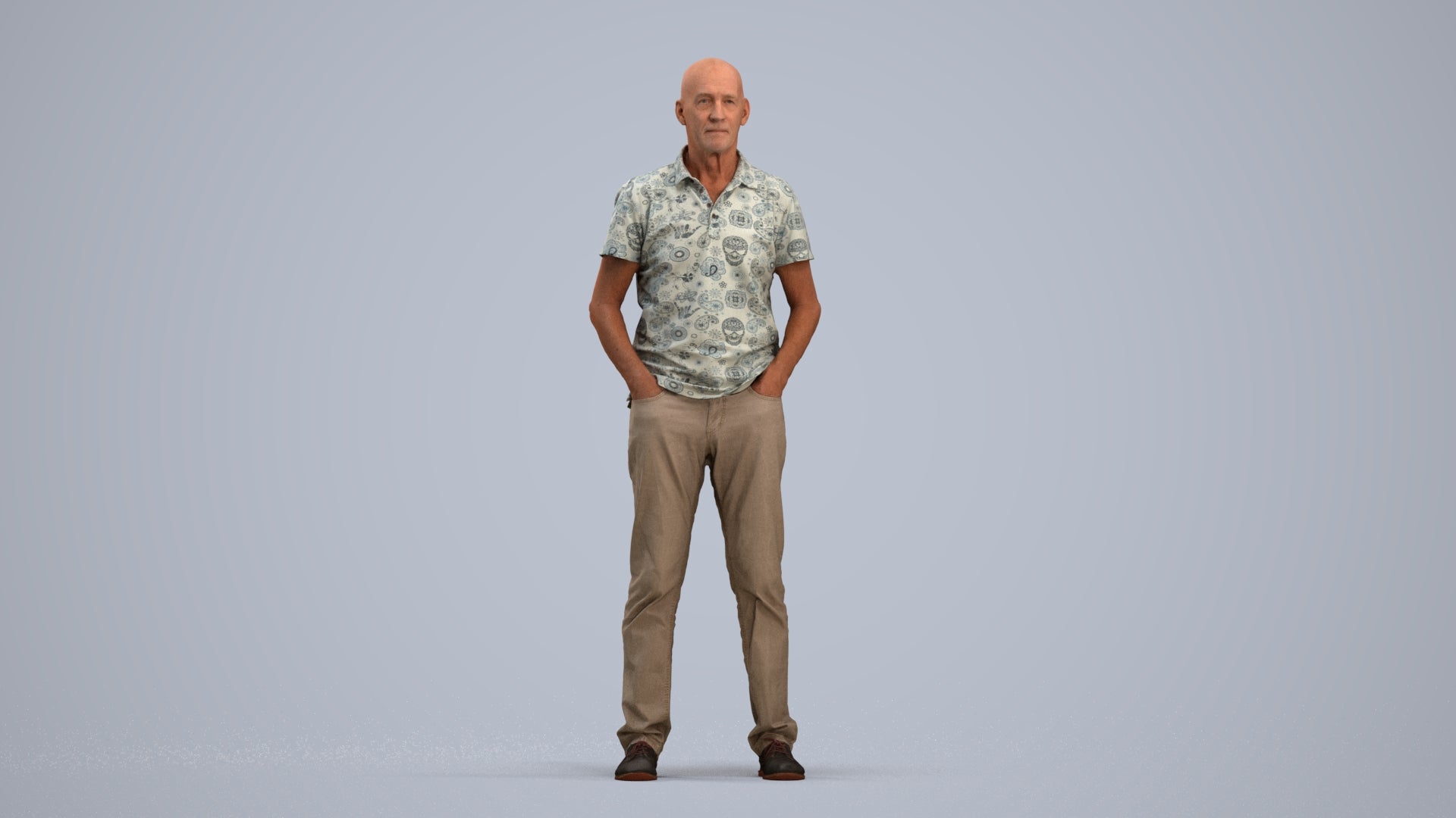 3D human model senior man casual standing, photogrammetry scanned person for archviz, standing pose render