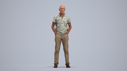 3D human model senior man casual standing, photogrammetry scanned person for archviz, standing pose render