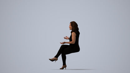 3D human model woman casual sitting, photogrammetry scanned person for archviz, three-quarter view render