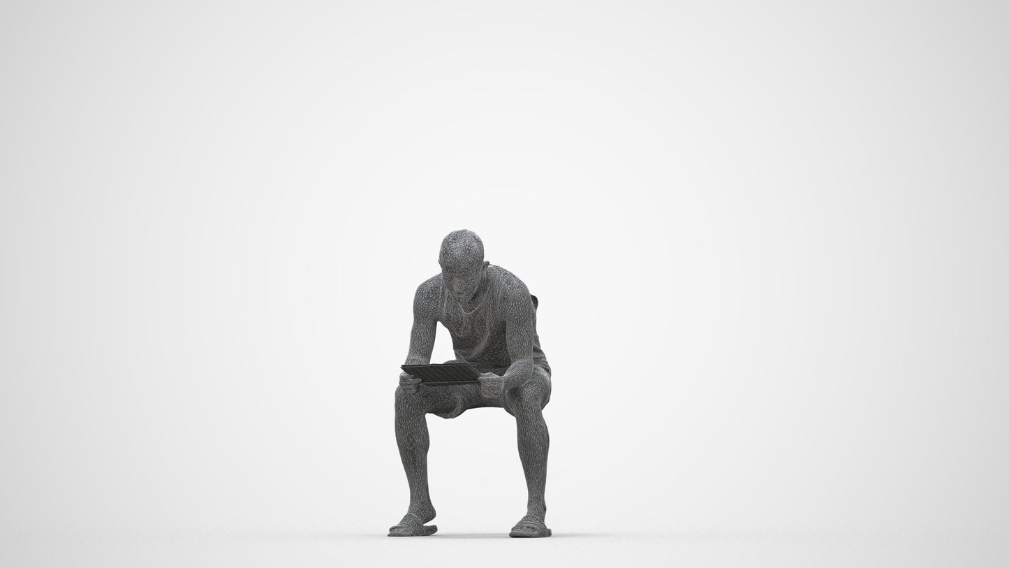 realistic 3D people man casual sitting, render-ready for V-Ray and Corona, FBX OBJ, wireframe back view