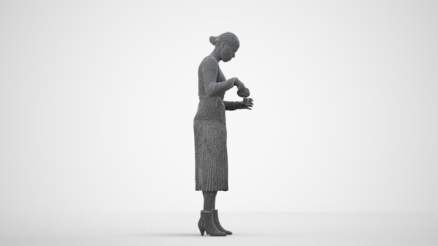 realistic 3D woman casual standing, scanned archviz people for Blender and 3ds Max, wireframe side view