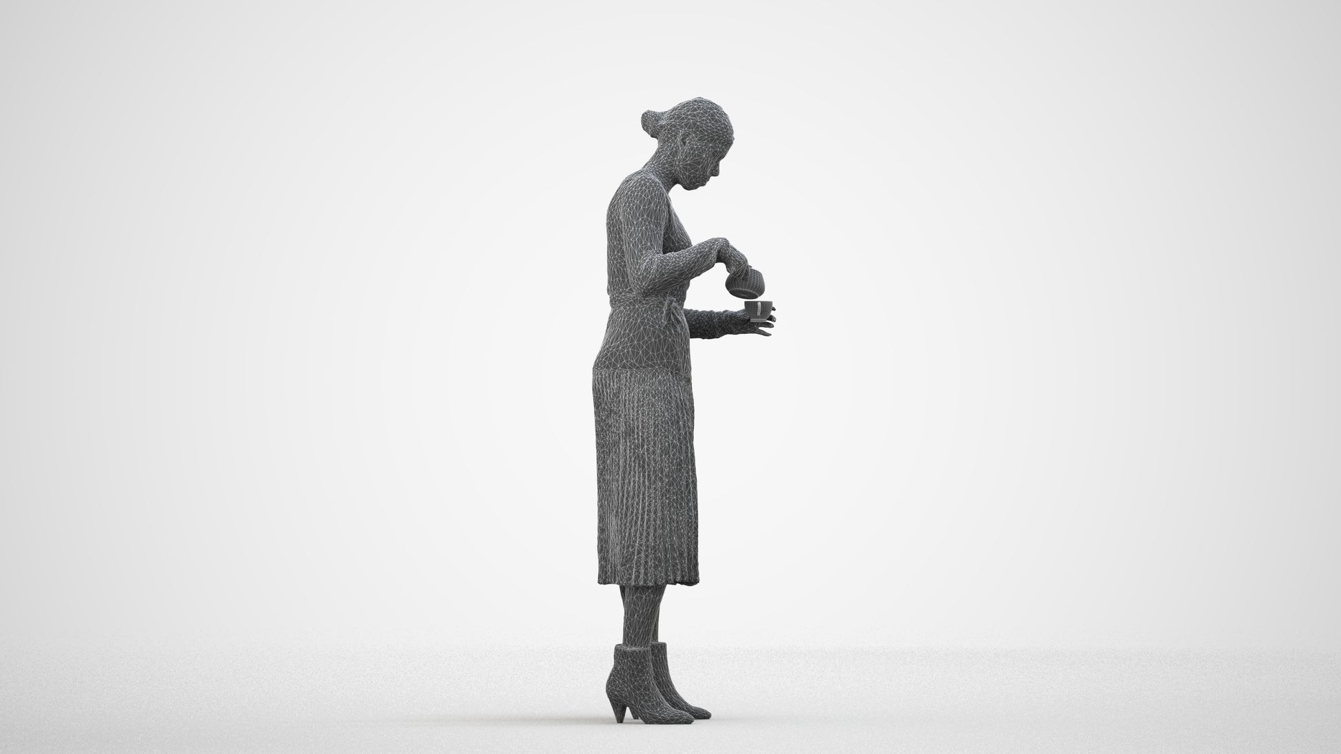 realistic 3D woman casual standing, scanned archviz people for Blender and 3ds Max, wireframe side view