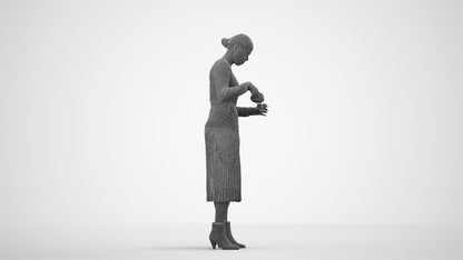 realistic 3D woman casual standing, scanned archviz people for Blender and 3ds Max, wireframe side view