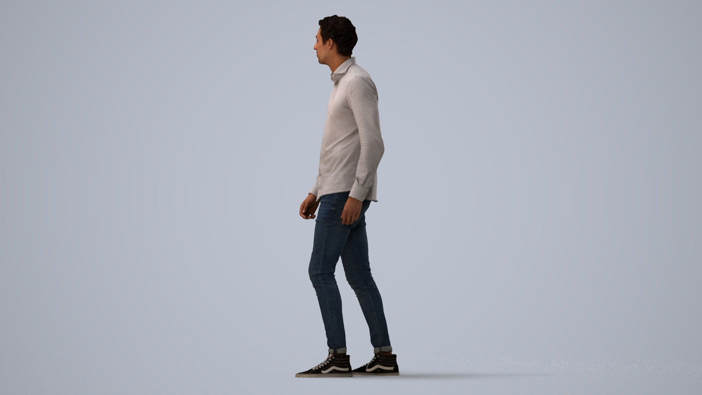 realistic 3D man casual walking, scanned archviz people for Blender and 3ds Max, three-quarter view render