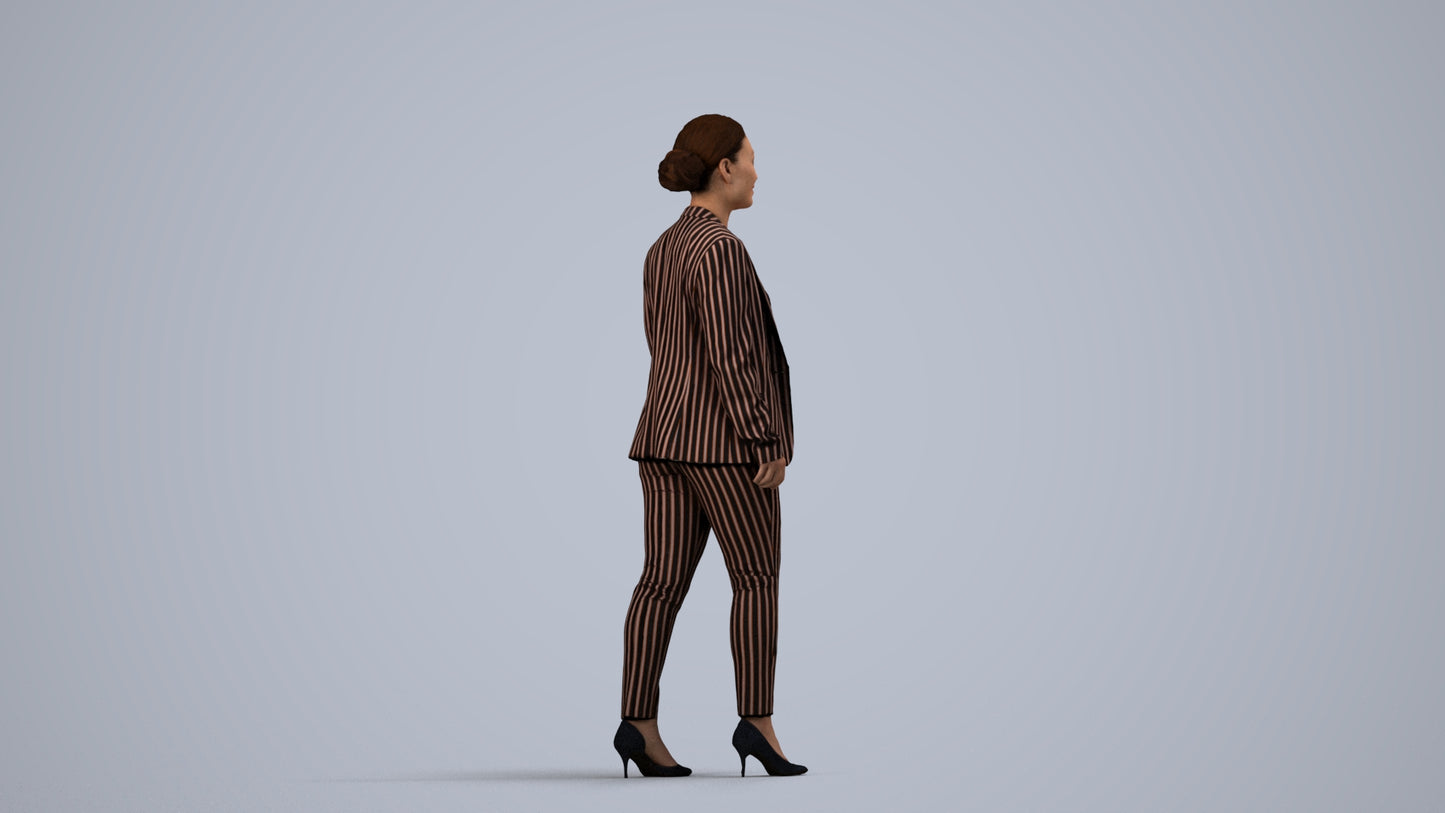 3D human model woman business walking, photogrammetry scanned person for archviz, side view render