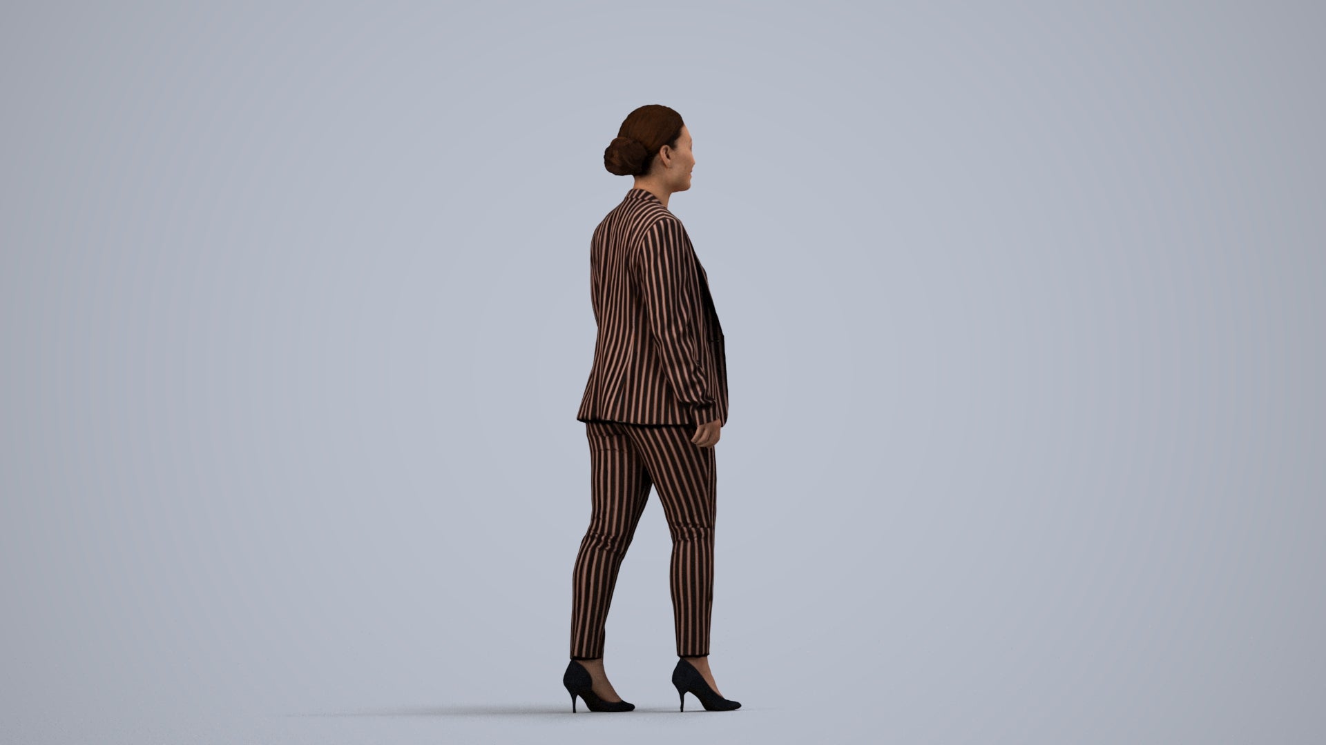 3D human model woman business walking, photogrammetry scanned person for archviz, side view render