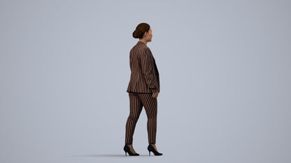 3D human model woman business walking, photogrammetry scanned person for archviz, side view render