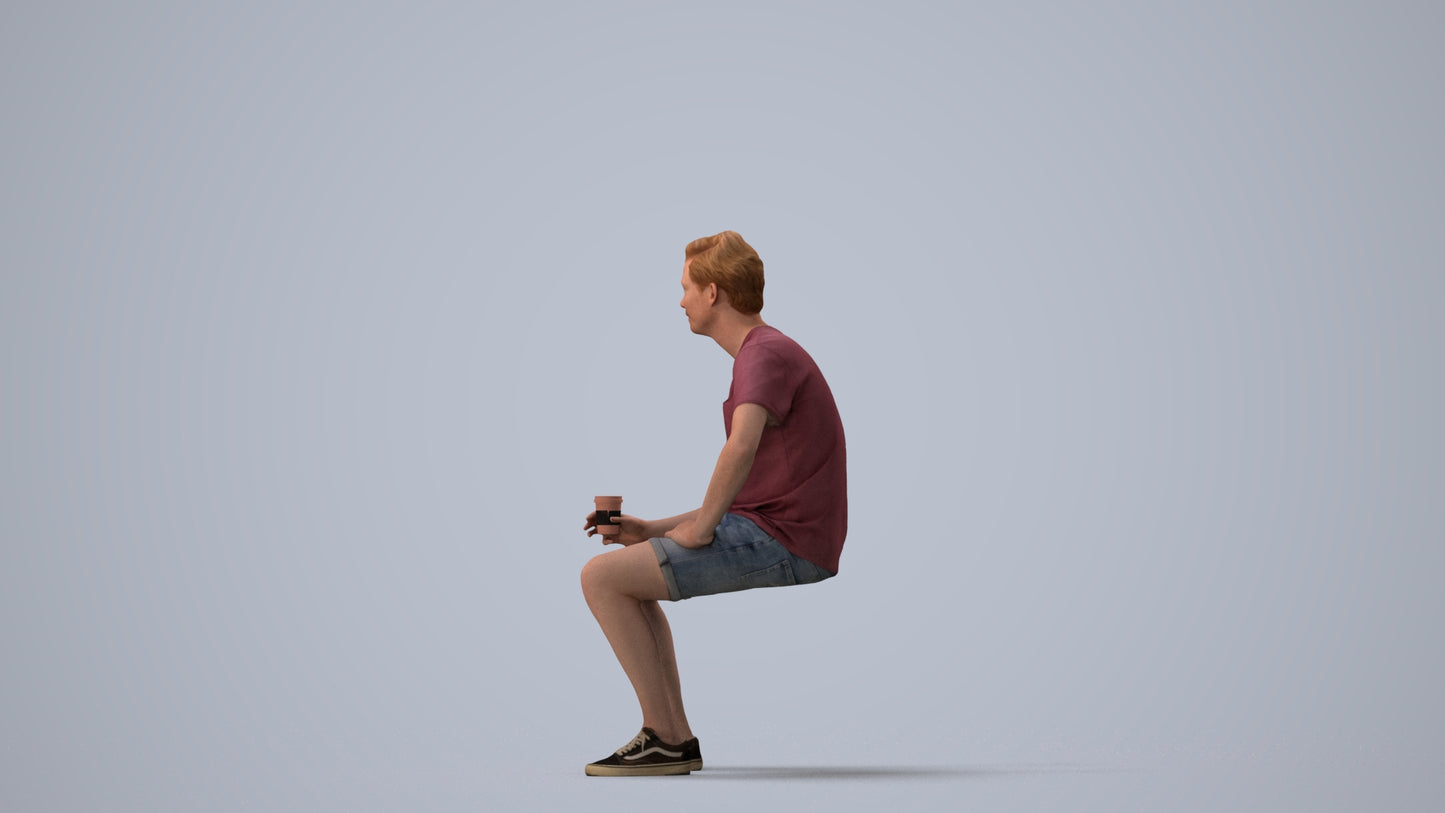 realistic 3D man casual sitting, scanned archviz people for Blender and 3ds Max, three-quarter view render