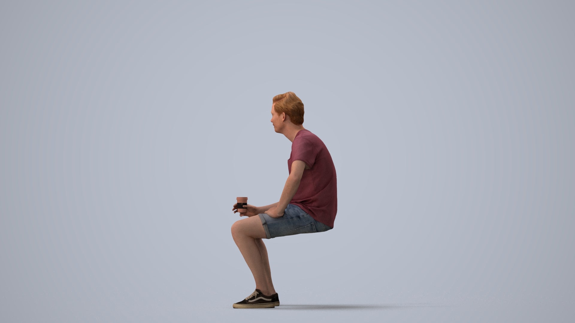 realistic 3D man casual sitting, scanned archviz people for Blender and 3ds Max, three-quarter view render