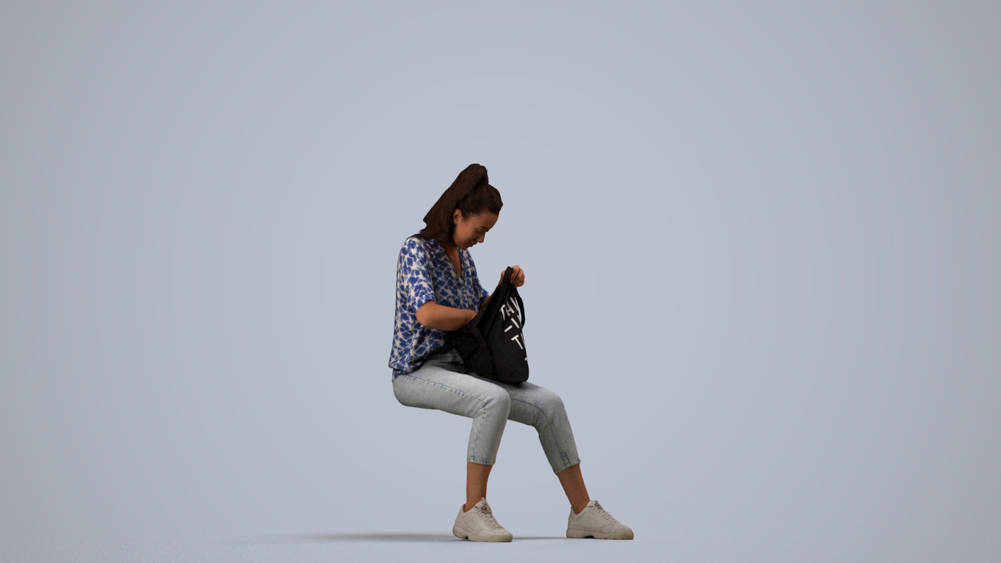 photogrammetry 3D woman casual sitting, realistic human model archviz FBX, side view render