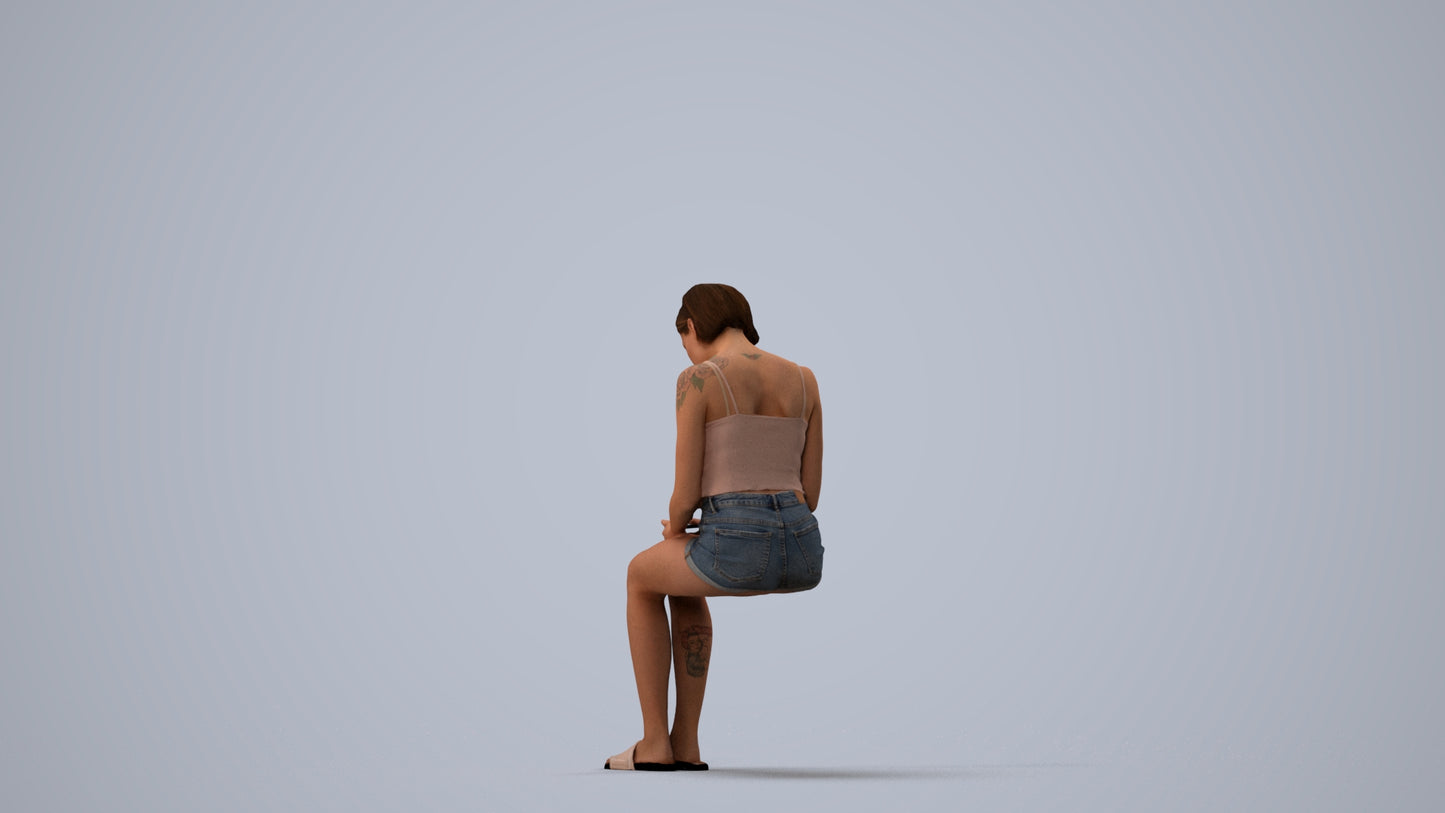 realistic 3D woman casual sitting, scanned archviz people for Blender and 3ds Max, three-quarter view render