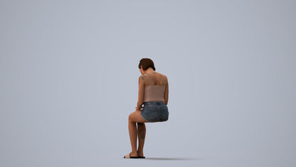 realistic 3D woman casual sitting, scanned archviz people for Blender and 3ds Max, three-quarter view render