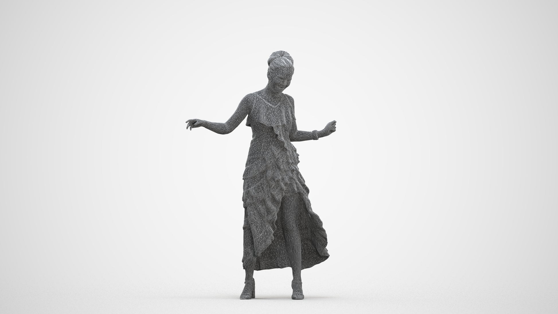 3D human model woman formal, photogrammetry scanned person for archviz, three-quarter front view render