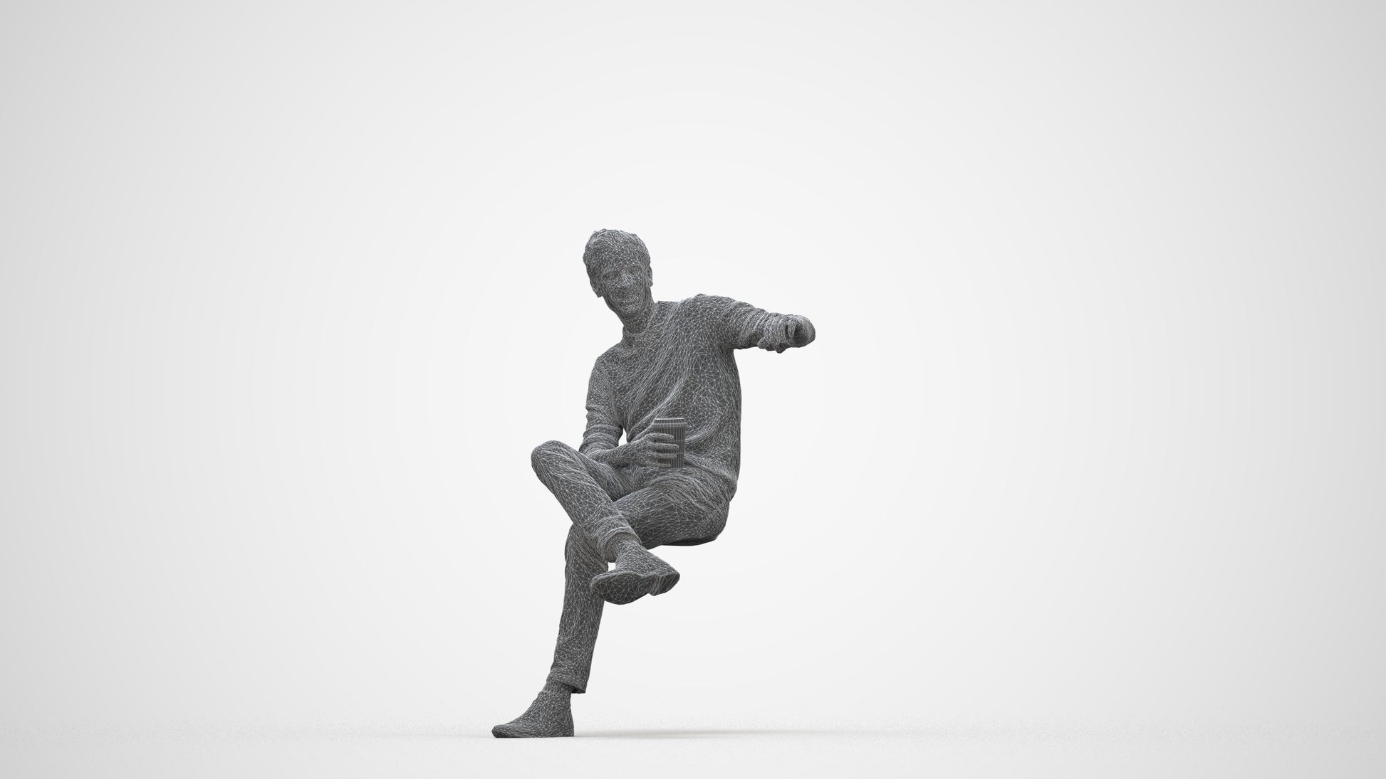 scanned 3D man casual sitting, photogrammetry people for Enscape and V-Ray, wireframe back view