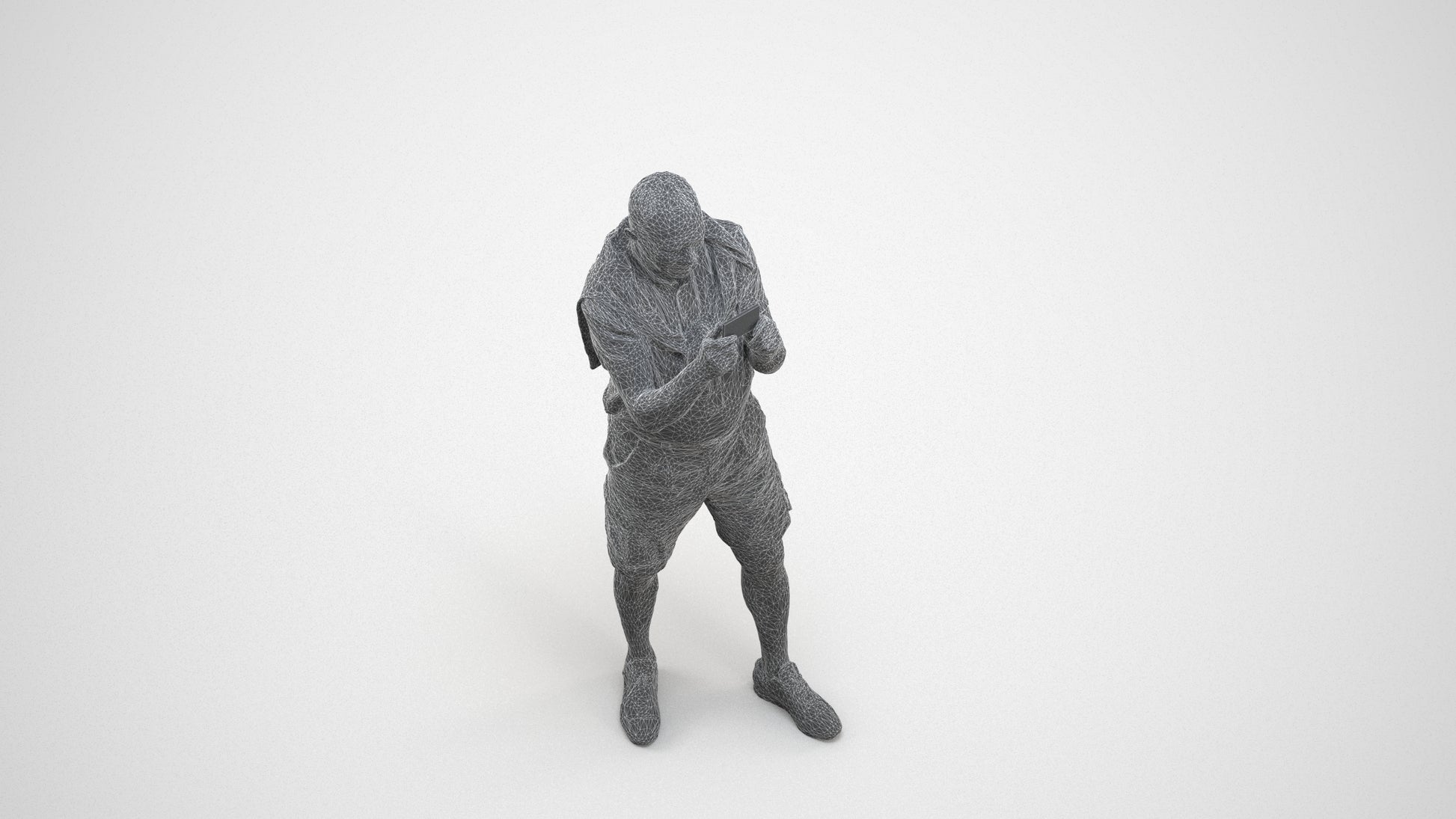 realistic 3D senior man casual standing, scanned archviz people for Blender and 3ds Max, wireframe three-quarter view