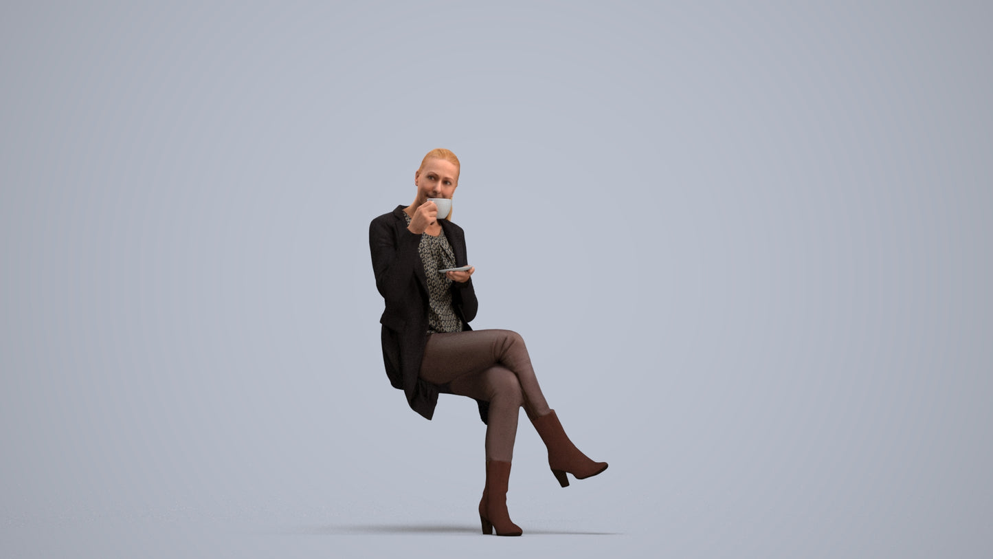 realistic 3D woman business sitting, scanned archviz people for Blender and 3ds Max, standing pose render