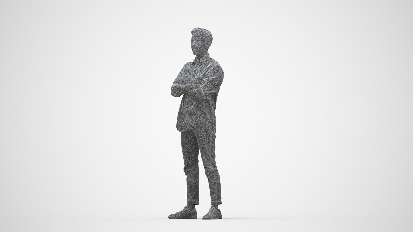 3D people model man casual standing, scanned human for 3ds Max rendering, wireframe back view