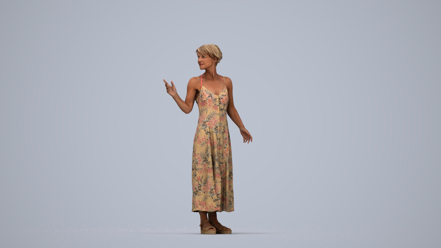 realistic 3D senior woman standing, scanned archviz people for Blender and 3ds Max, top-down view render