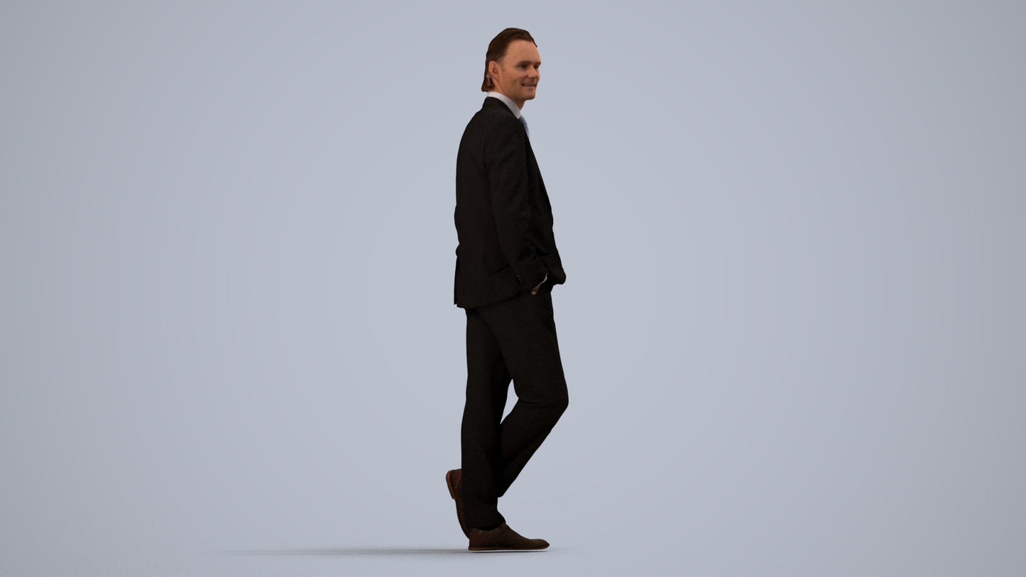 3D human model man business standing, photogrammetry scanned person for archviz, side view render