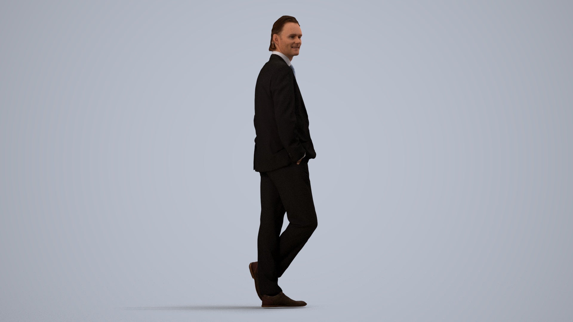 3D human model man business standing, photogrammetry scanned person for archviz, side view render