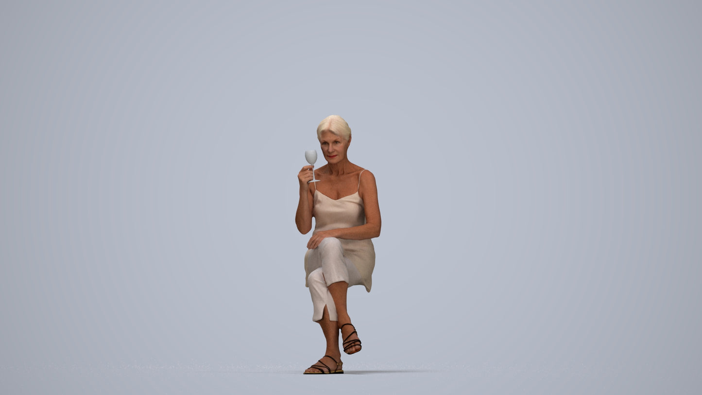 scanned 3D senior woman casual sitting, photogrammetry people for Enscape and V-Ray, top-down view render