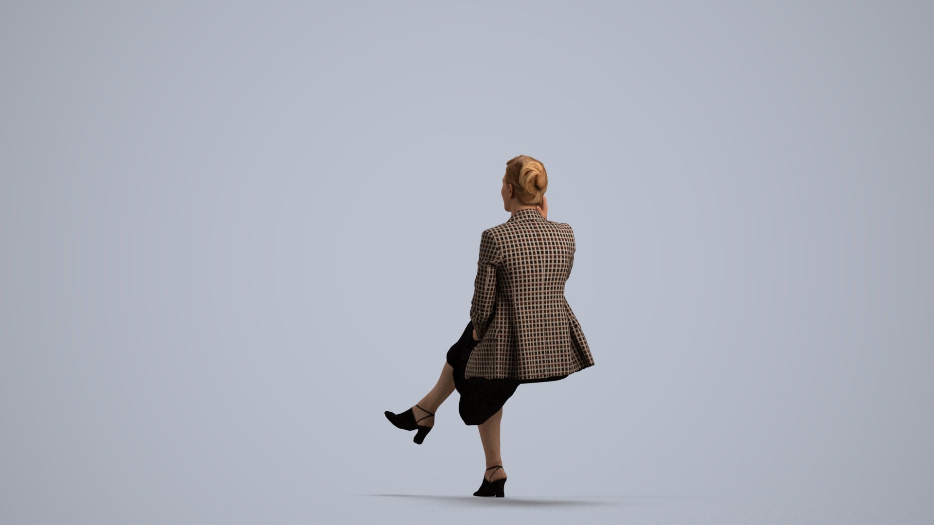 3D human model woman business sitting, photogrammetry scanned person for archviz, front view render