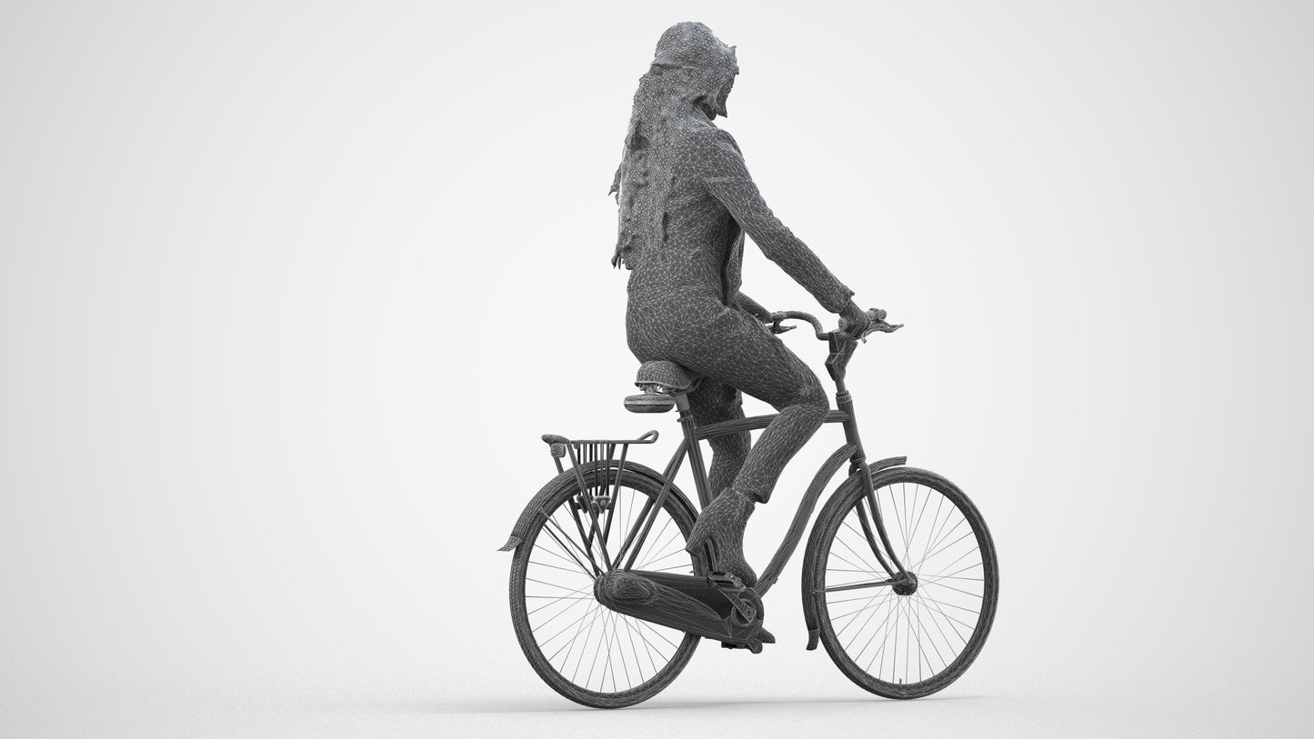 realistic 3D woman casual cycling, scanned archviz people for Blender and 3ds Max, wireframe side view