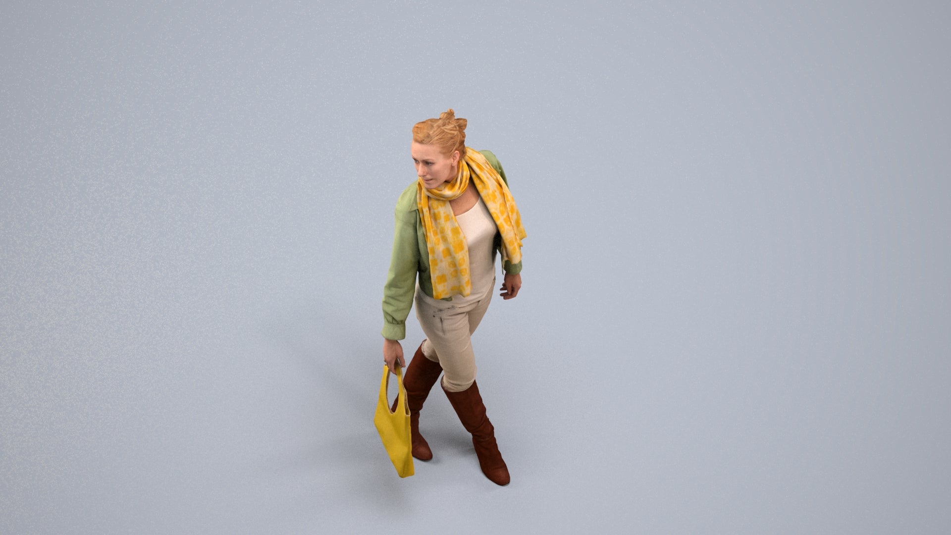 3D human model woman casual walking, photogrammetry scanned person for archviz, back view render