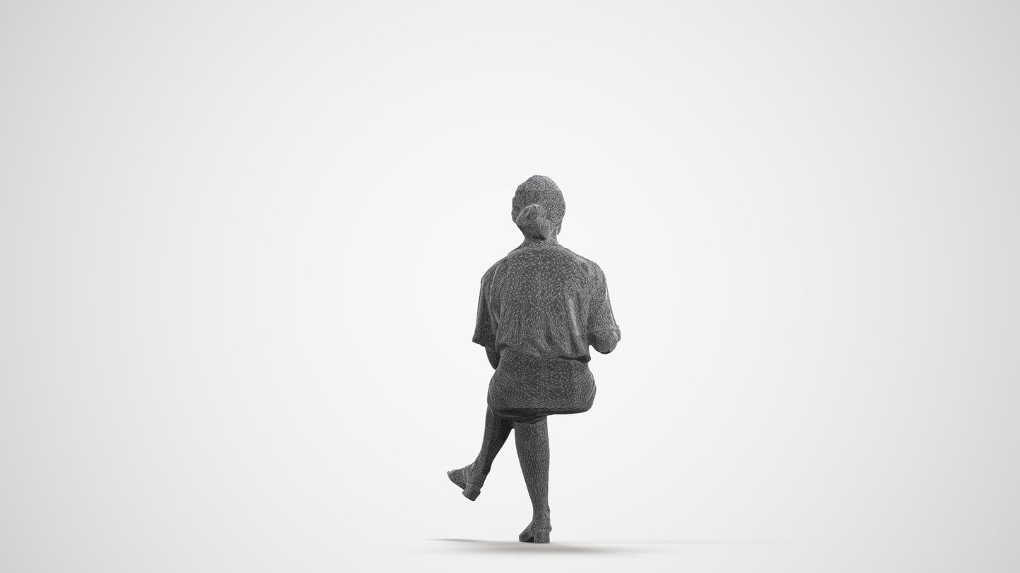 scanned 3D woman casual sitting, photogrammetry people for Enscape and V-Ray, wireframe front view