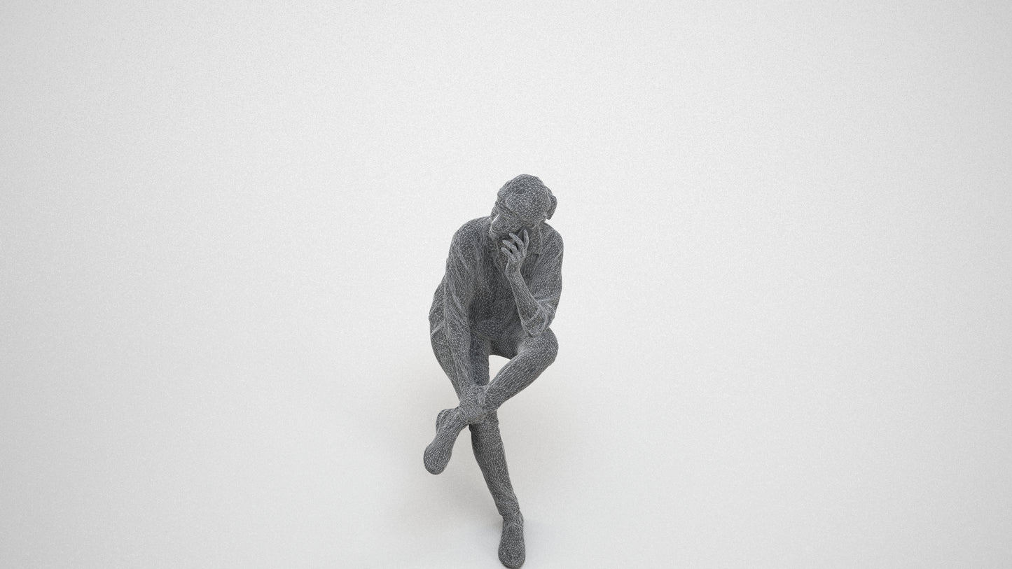 scanned 3D woman casual sitting, photogrammetry people for Enscape and V-Ray, wireframe three-quarter view