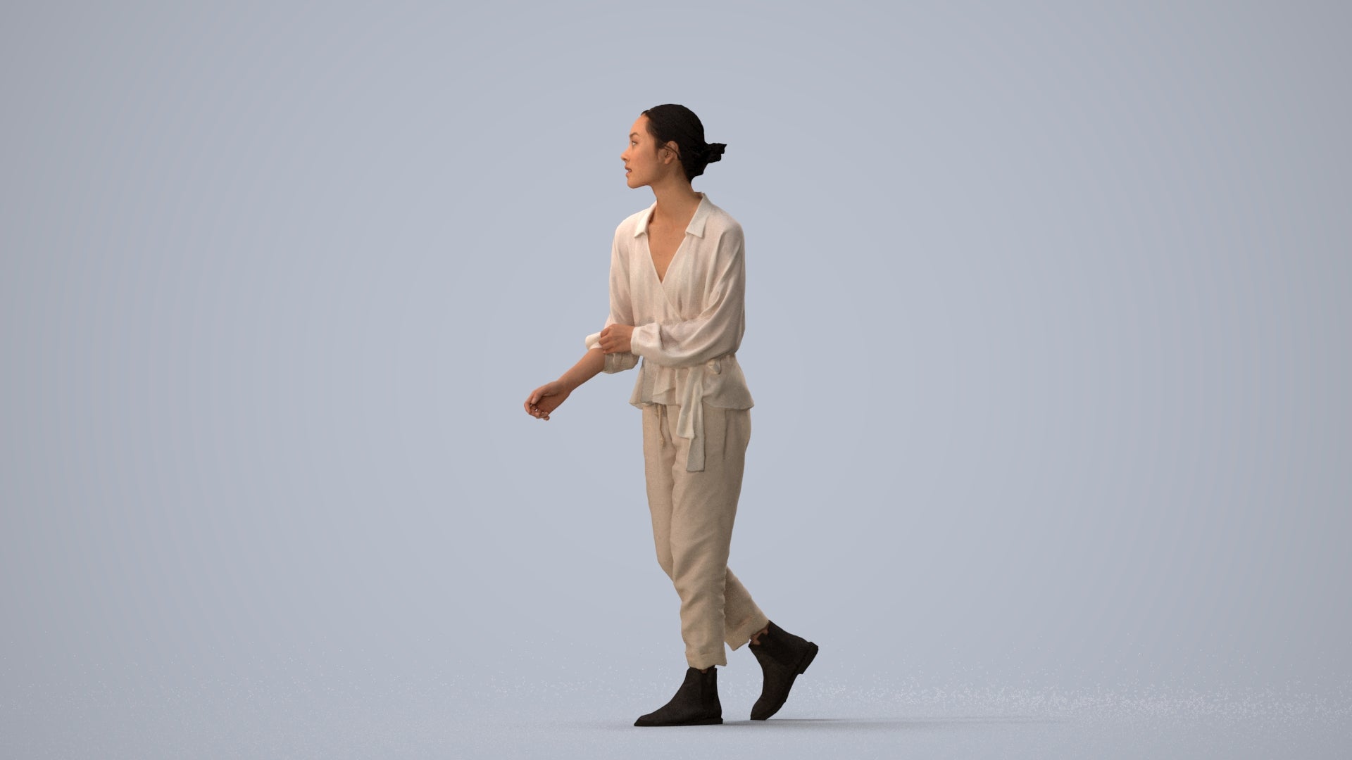 realistic 3D human woman casual walking, archviz people FBX OBJ for Blender, three-quarter view render