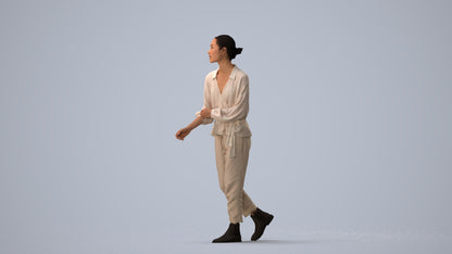 realistic 3D human woman casual walking, archviz people FBX OBJ for Blender, three-quarter view render