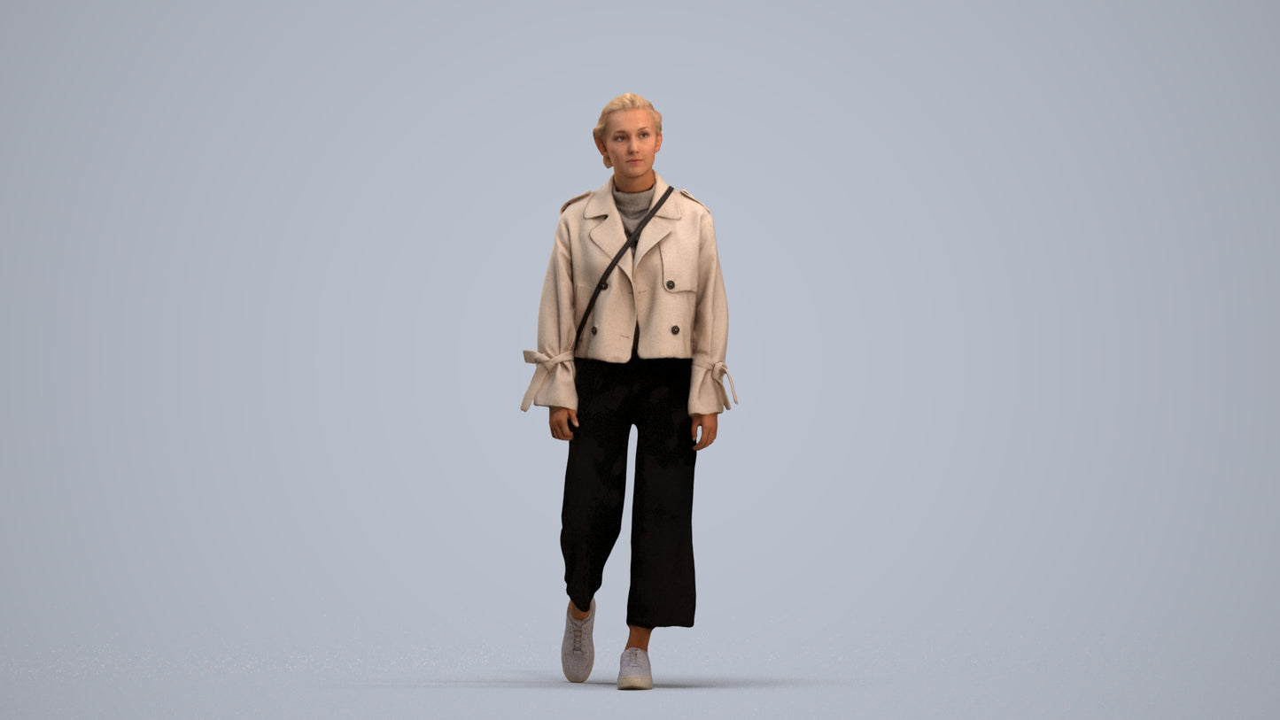 3D human model woman casual walking, photogrammetry scanned person for archviz, standing pose render