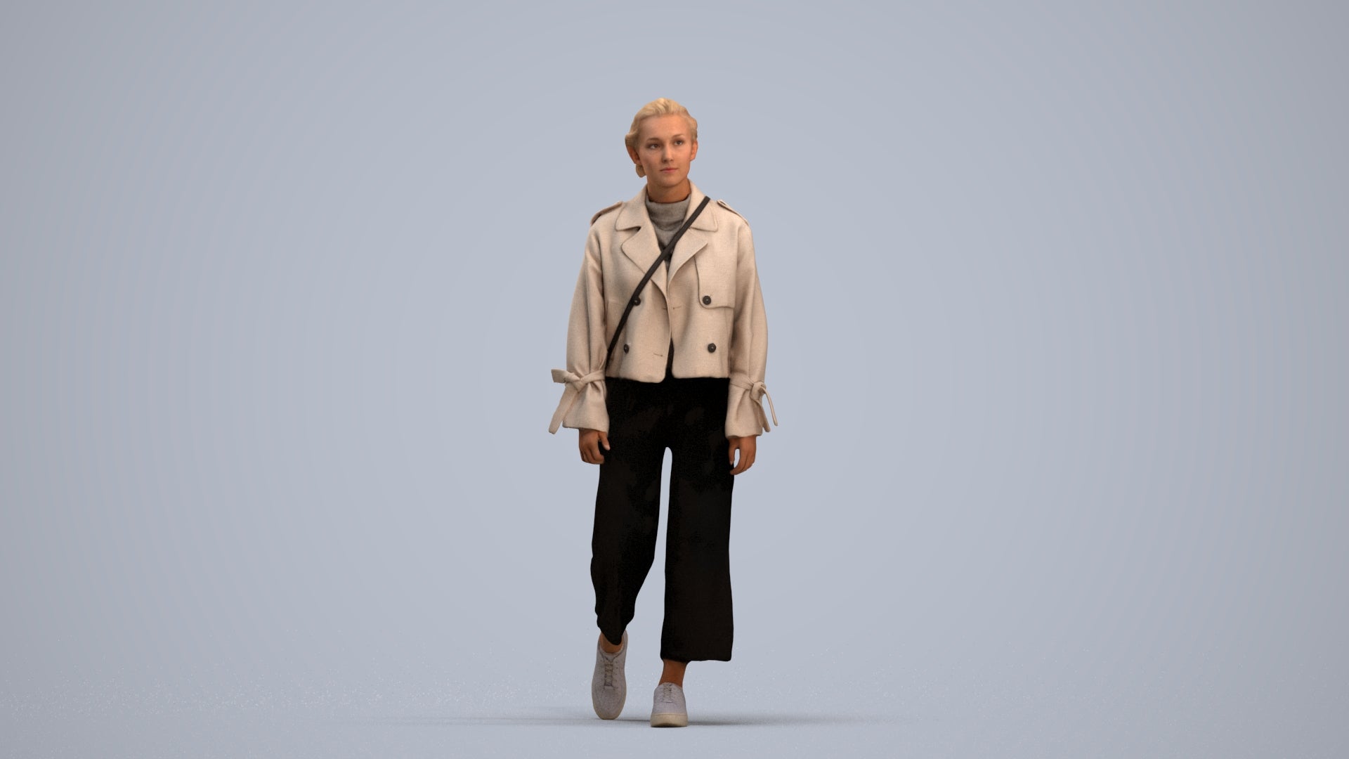 3D human model woman casual walking, photogrammetry scanned person for archviz, standing pose render