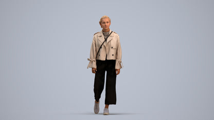 3D human model woman casual walking, photogrammetry scanned person for archviz, standing pose render