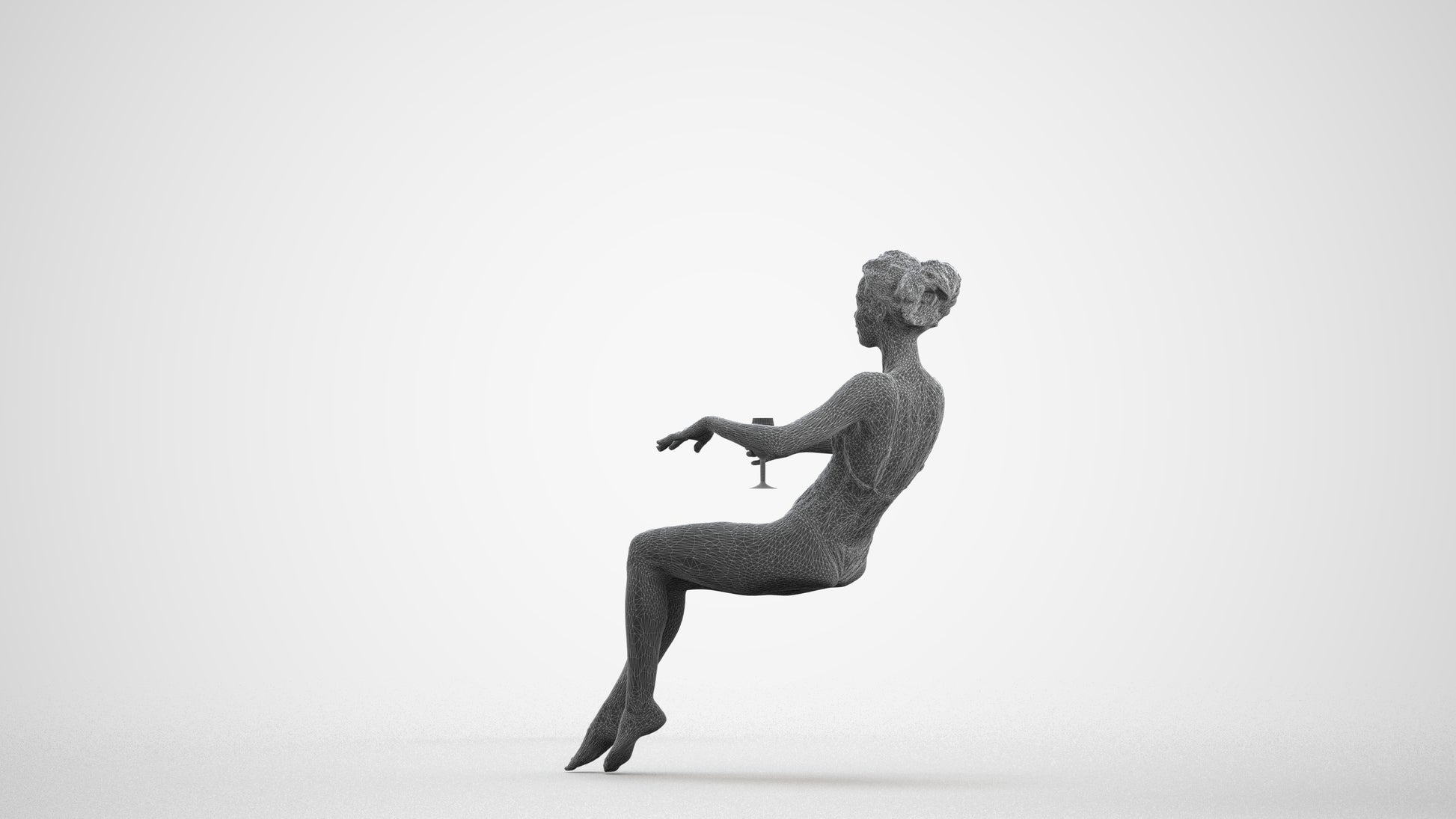 3D human model woman pool, photogrammetry scanned person for archviz, wireframe front view